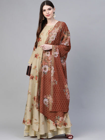 Women's  Beige & Red Floral Printed Anarkali Kurta With Dupatta