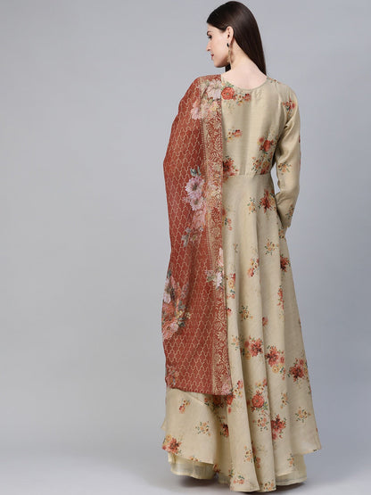 Women's  Beige & Red Floral Printed Anarkali Kurta With Dupatta
