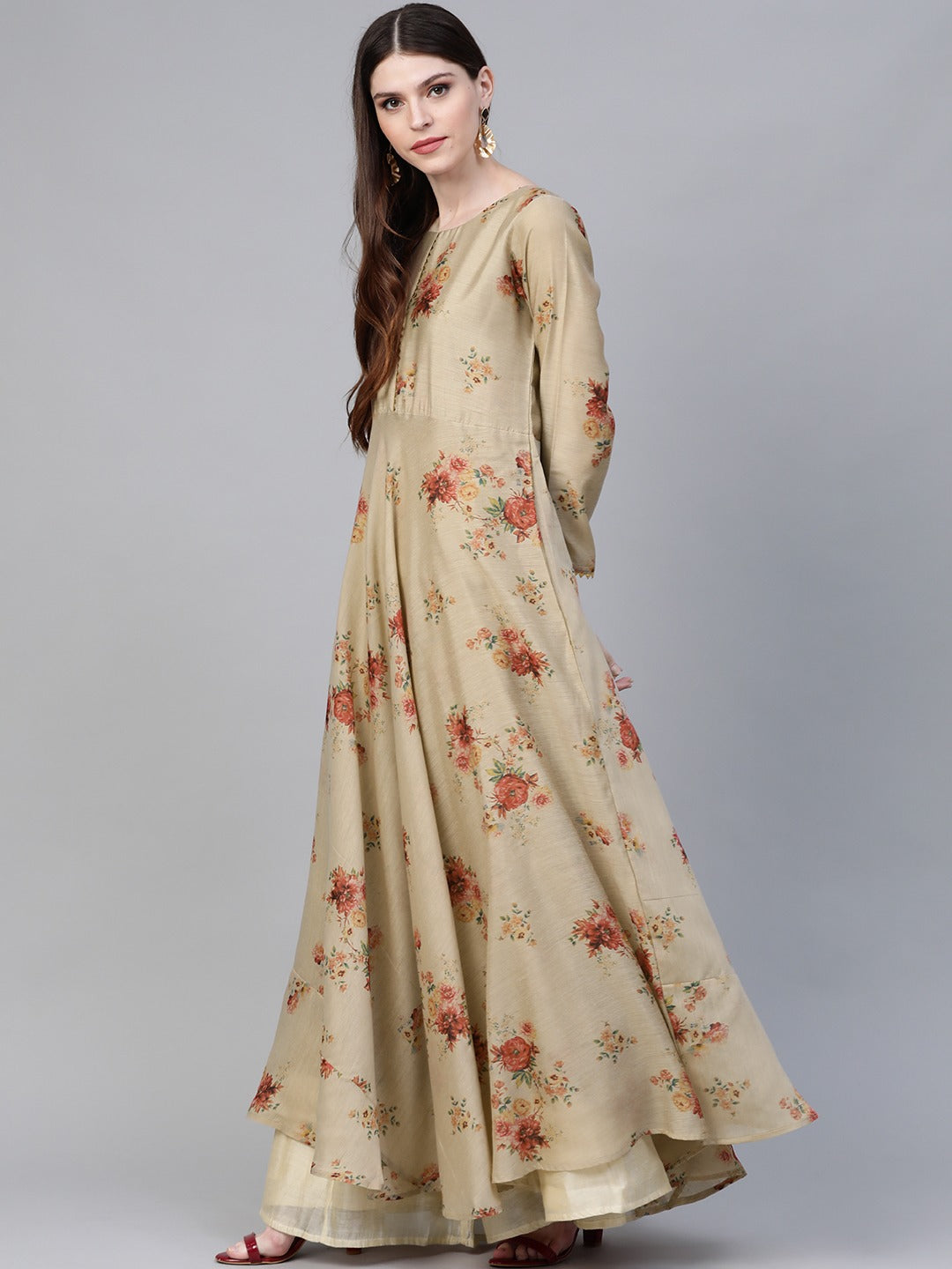 Women's  Beige & Red Floral Printed Anarkali Kurta With Dupatta