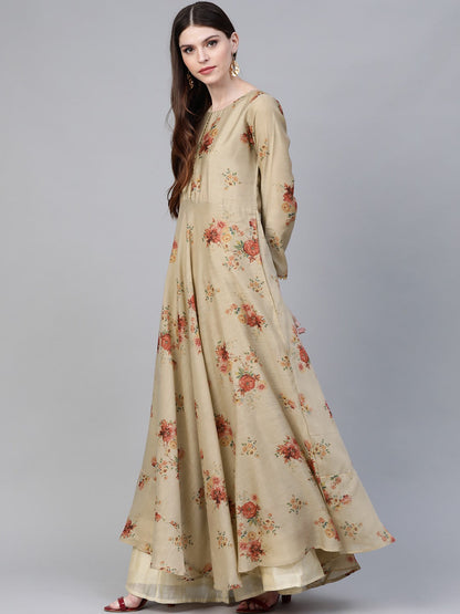 Women's  Beige & Red Floral Printed Anarkali Kurta With Dupatta
