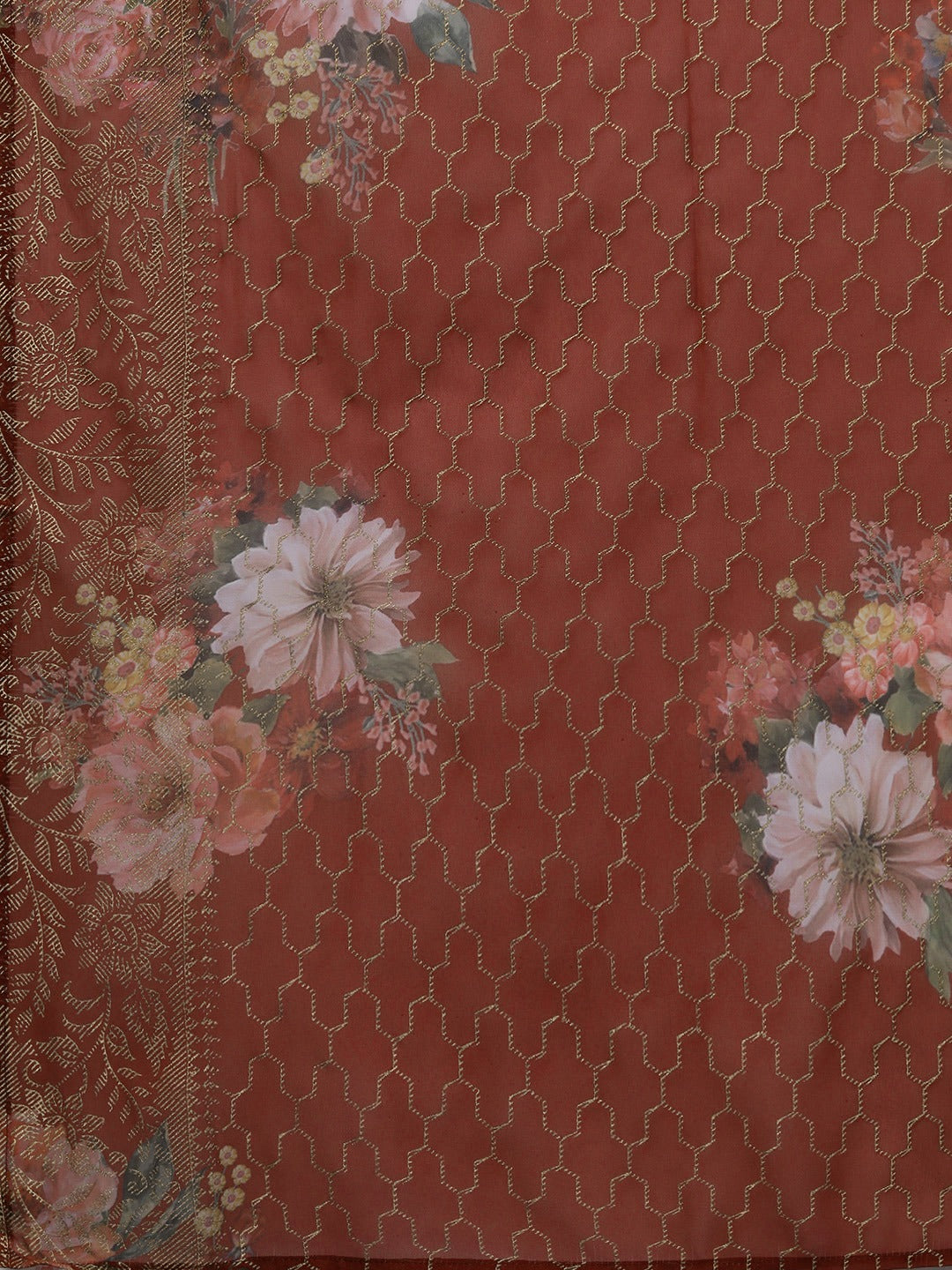 Women's  Beige & Red Floral Printed Anarkali Kurta With Dupatta
