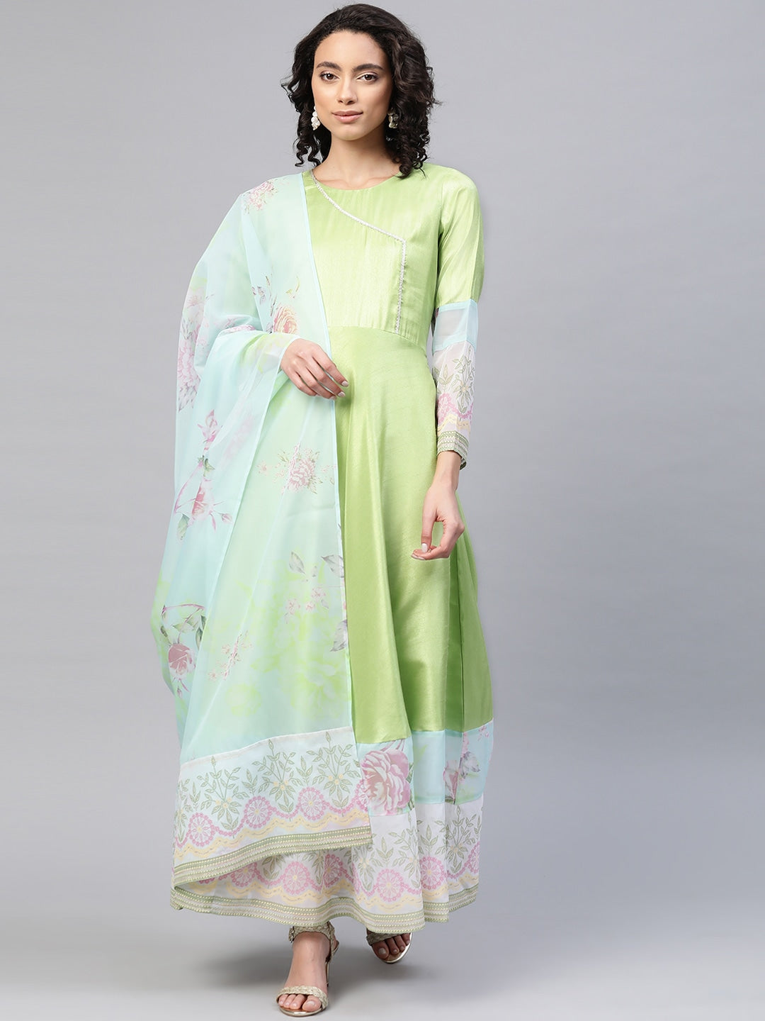 Women's Light Green Poly Silk Printed Kurta With Dupatt