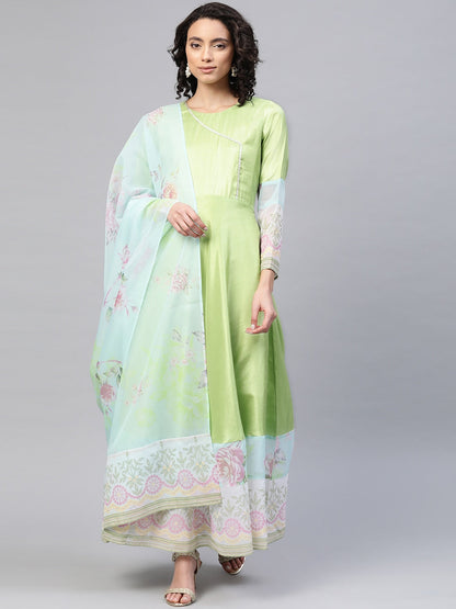 Women's Light Green Poly Silk Printed Kurta With Dupatt