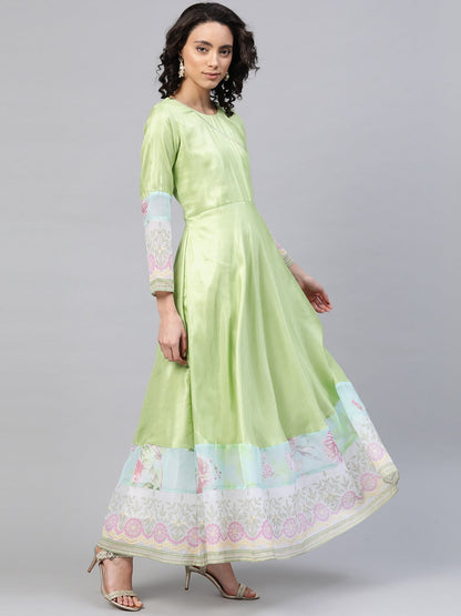 Women's Light Green Poly Silk Printed Kurta With Dupatt