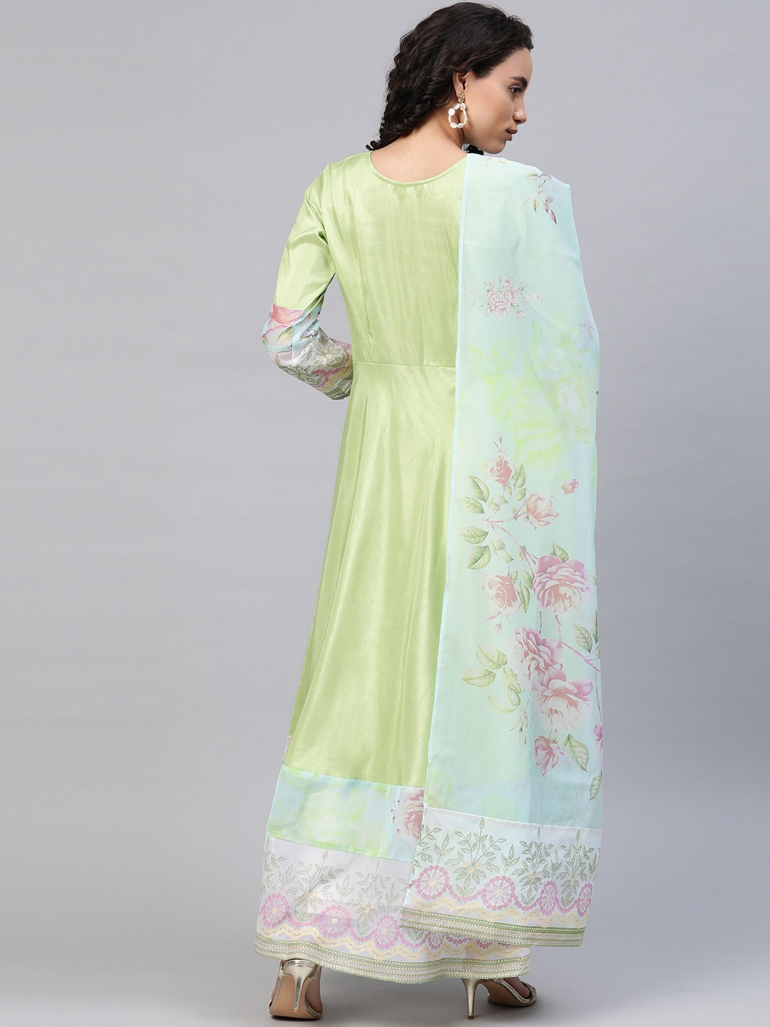 Women's Light Green Poly Silk Printed Kurta With Dupatt