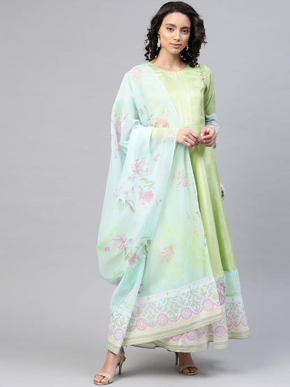 Women's Light Green Poly Silk Printed Kurta With Dupatt
