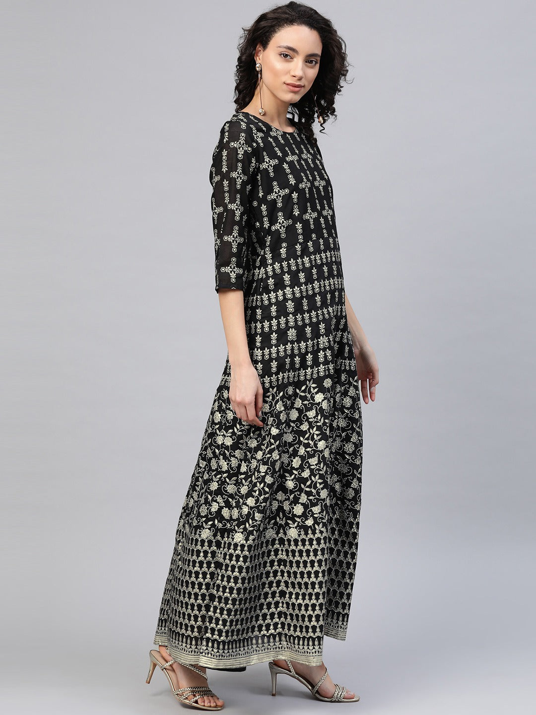 Women's Black Chanderi Foil Print Kurta With Dupatt