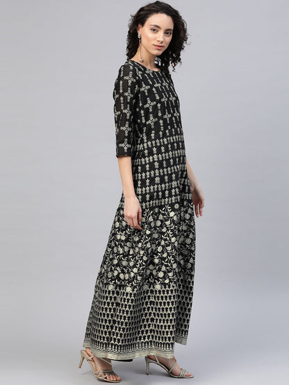 Women's Black Chanderi Foil Print Kurta With Dupatt