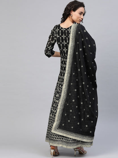 Women's Black Chanderi Foil Print Kurta With Dupatt