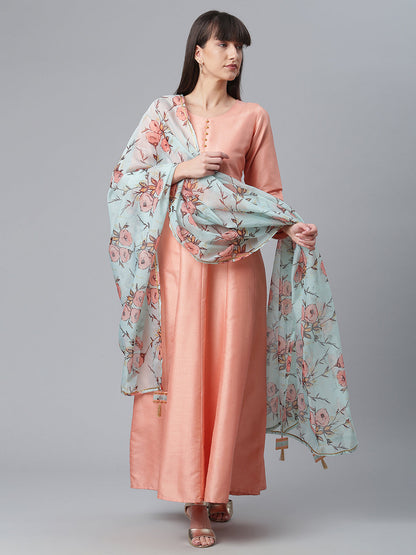 Women's Poly Silk Peach Kurta With Dupatta