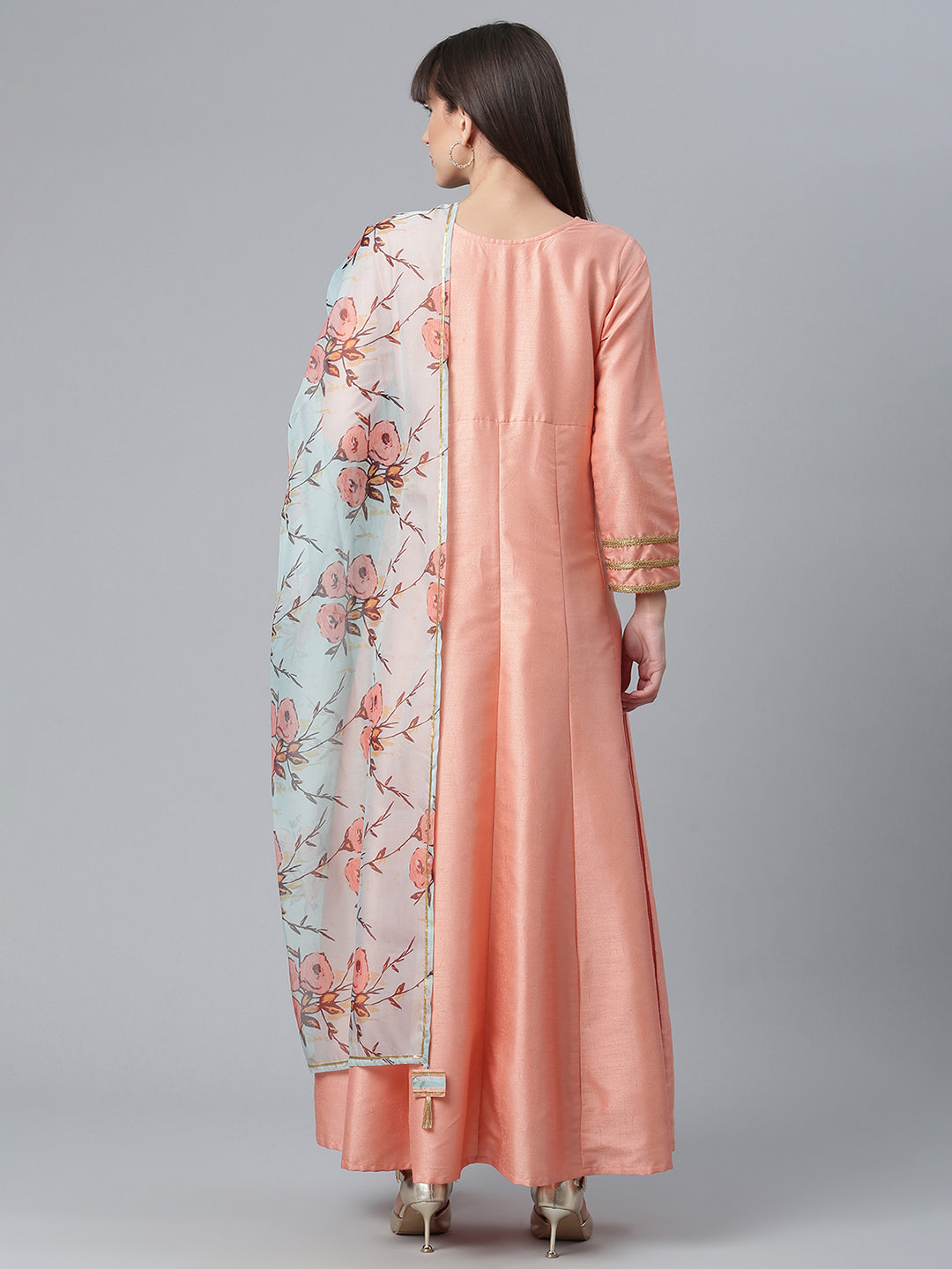 Women's Poly Silk Peach Kurta With Dupatta