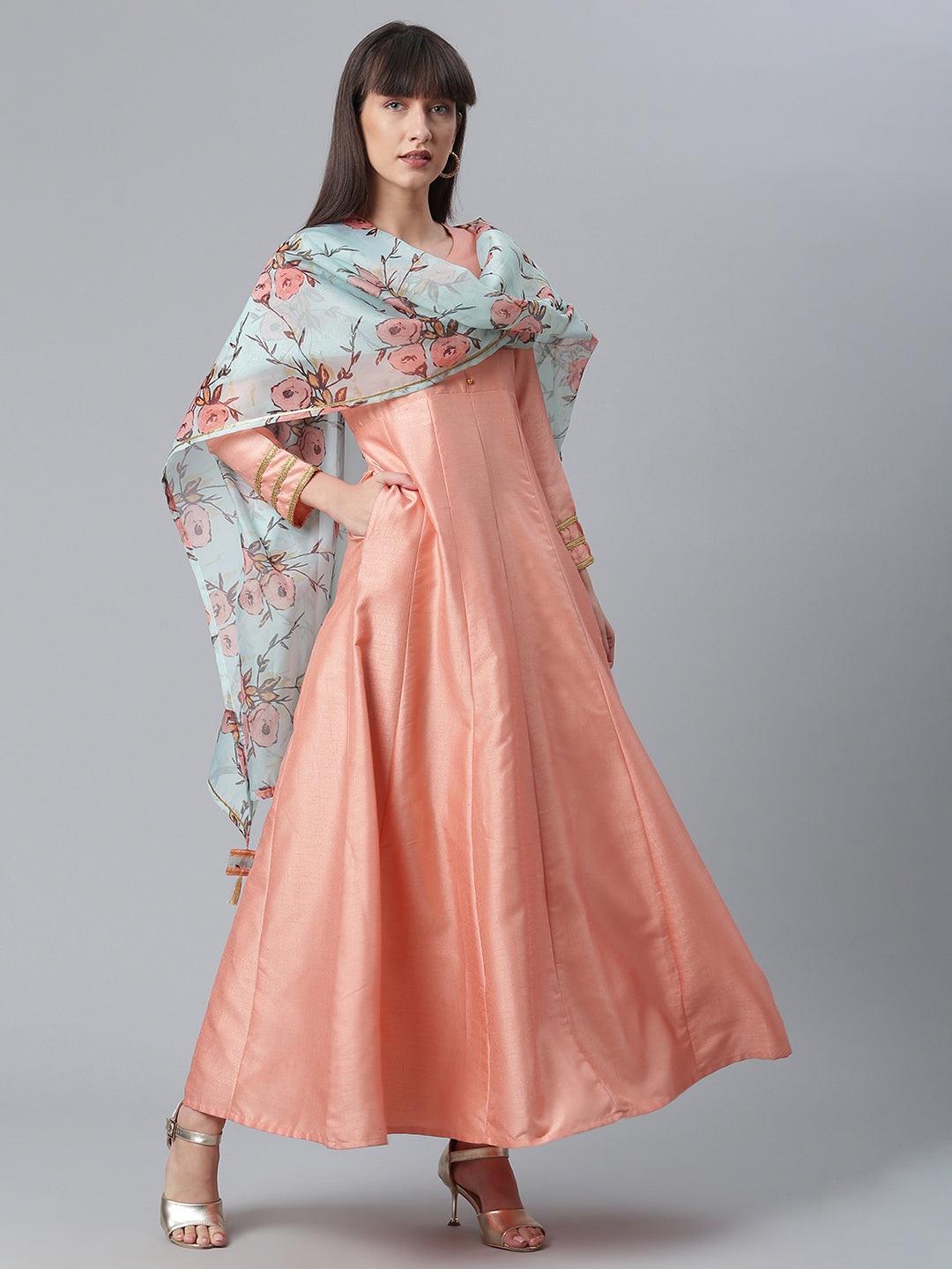 Women's Poly Silk Peach Kurta With Dupatta
