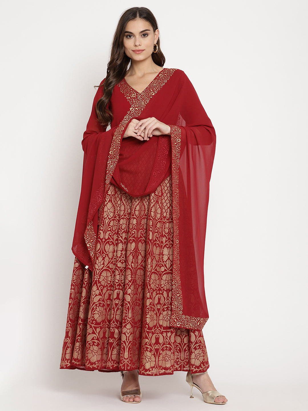 Women's Maroon Georgette Gold Foil Print Flared Kurta With Dupatt