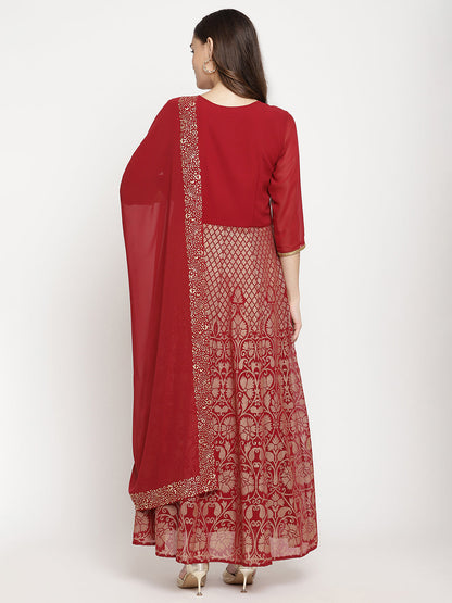 Women's Maroon Georgette Gold Foil Print Flared Kurta With Dupatt