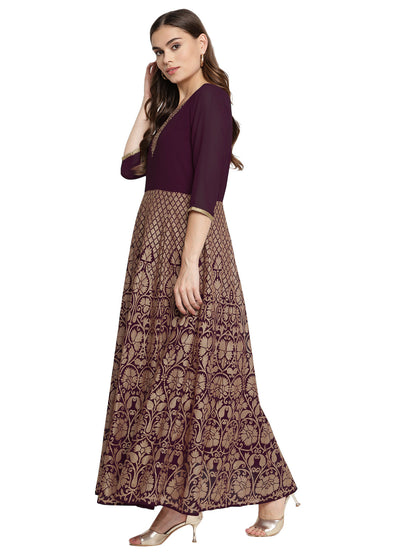 Women's Wine Georgette Gold Foil Print Flared Kurta With Dupatt
