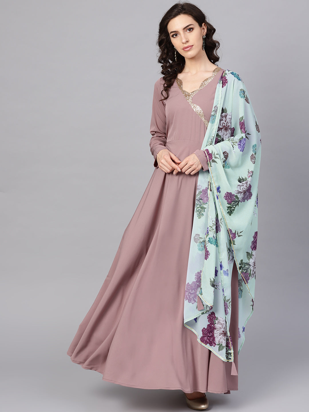 Women's Mauve A-Line Kurta With Dupatt