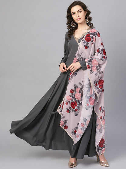 Women's  Dark Grey A-Line Kurta With Dupatt