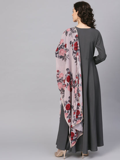 Women's  Dark Grey A-Line Kurta With Dupatt