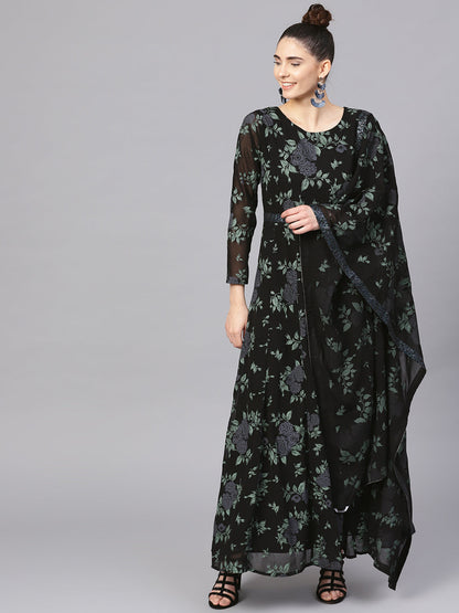 Women's  Black Georgette Anarkali Kurta With Dupatt