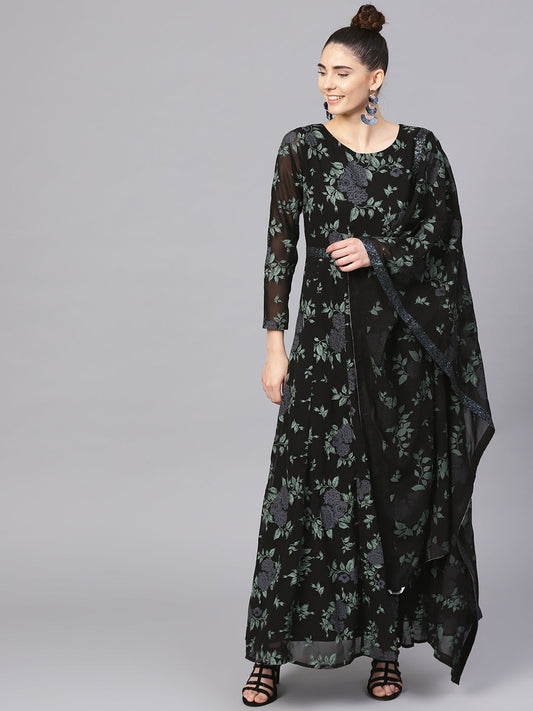 Women's  Black Georgette Anarkali Kurta With Dupatt