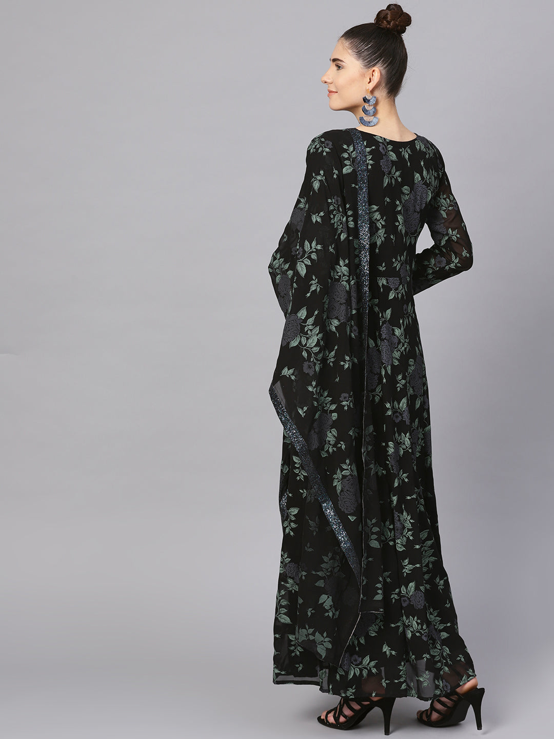 Women's  Black Georgette Anarkali Kurta With Dupatt