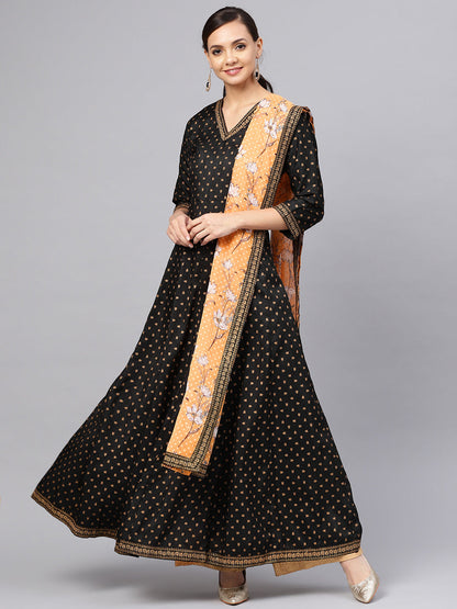 Women's Black  And Gold Printed Anarkali Kurta Set