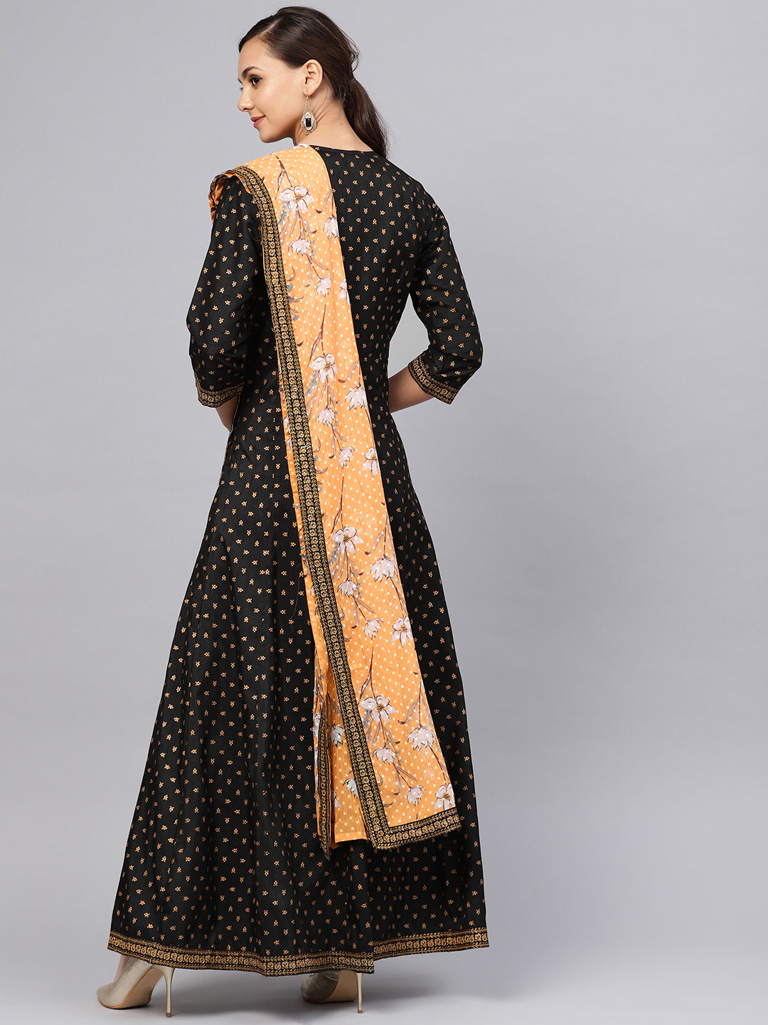 Women's Black  And Gold Printed Anarkali Kurta Set