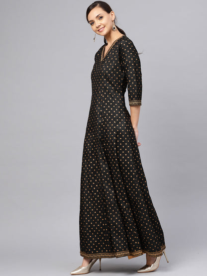 Women's Black  And Gold Printed Anarkali Kurta Set
