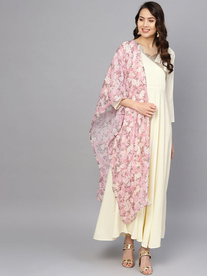 Women's Cream A Line Kurta With Dupatta