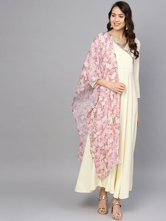 Women's Cream A Line Kurta With Dupatta