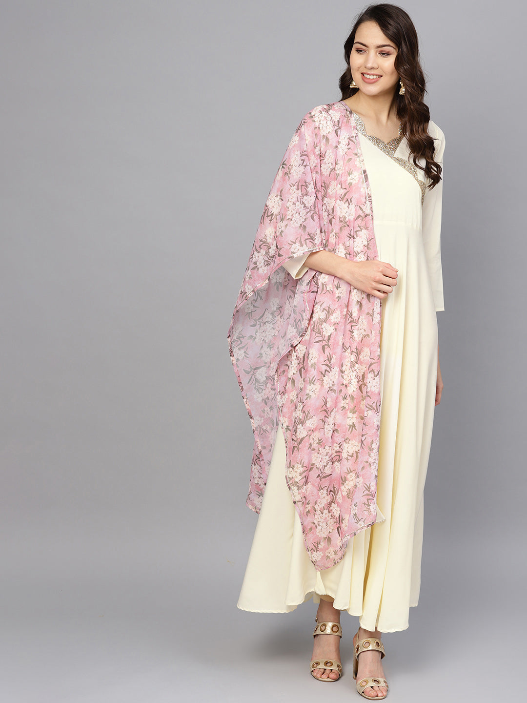 Women's Cream A Line Kurta With Dupatta
