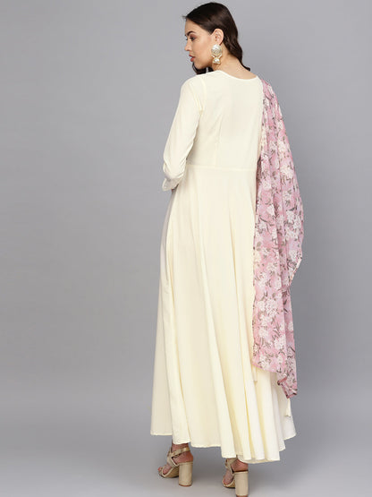 Women's Cream A Line Kurta With Dupatta
