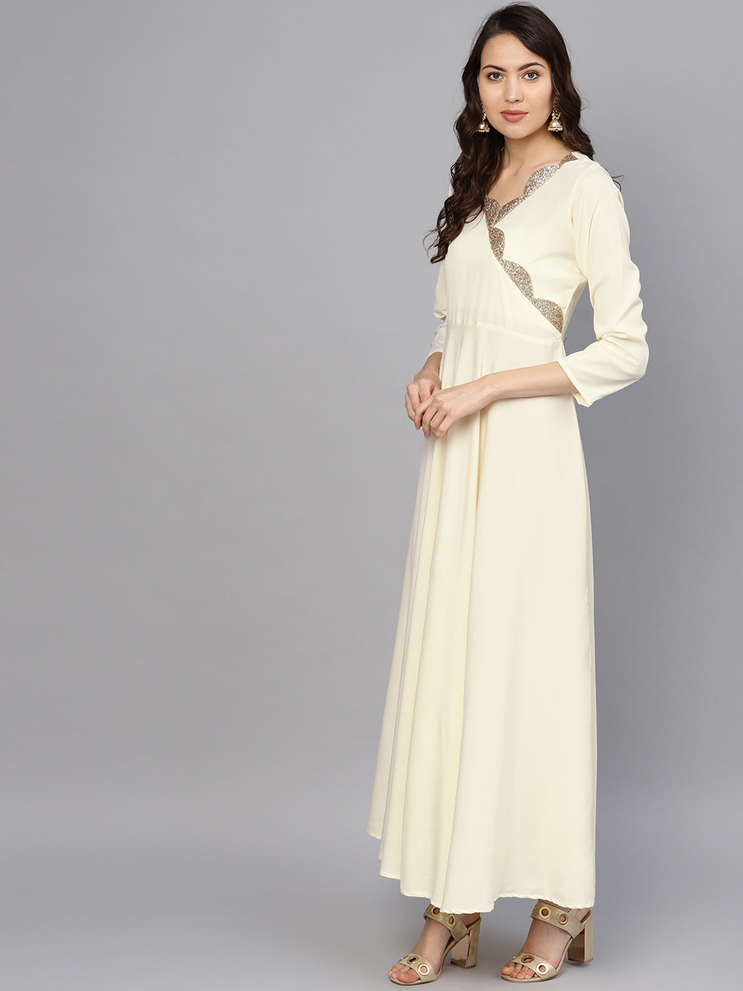 Women's Cream A Line Kurta With Dupatta