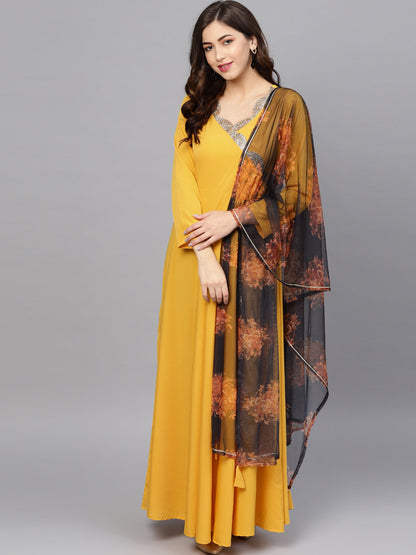 Women's  Yellow A Line Kurta With Dupatta