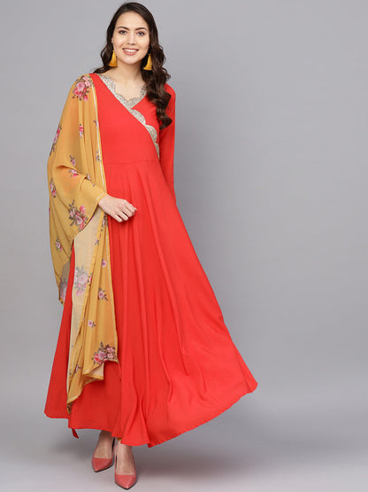 Women's Red Plain Kurta With Dupatta