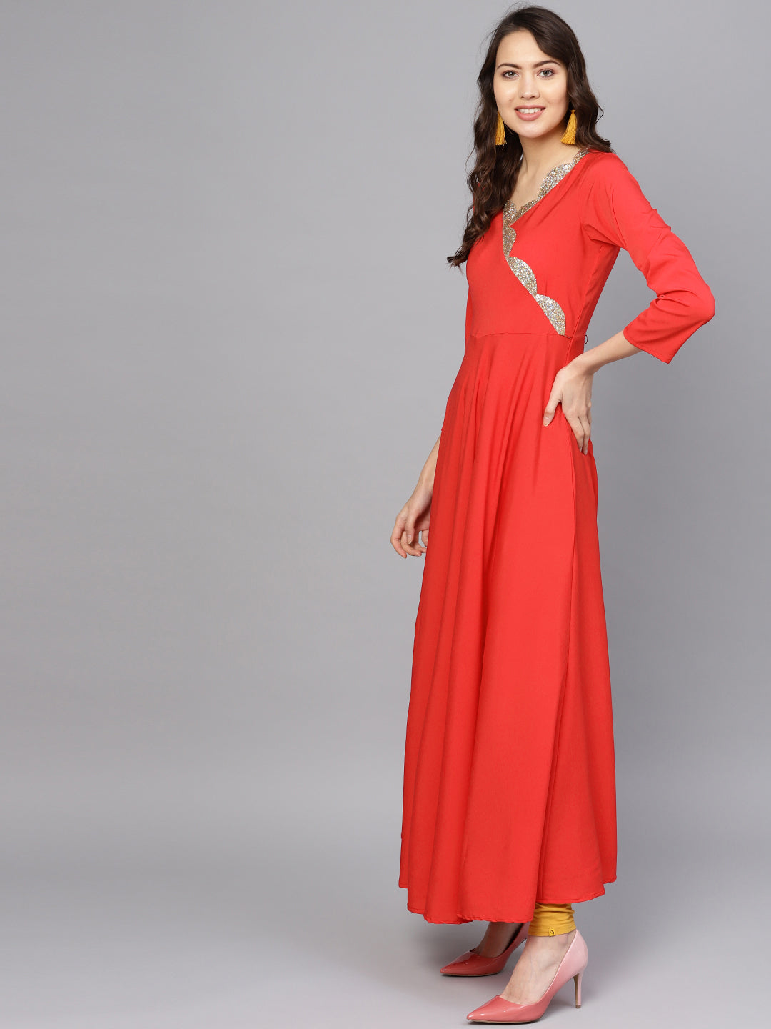 Women's Red Plain Kurta With Dupatta