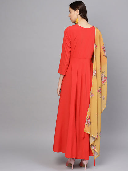 Women's Red Plain Kurta With Dupatta