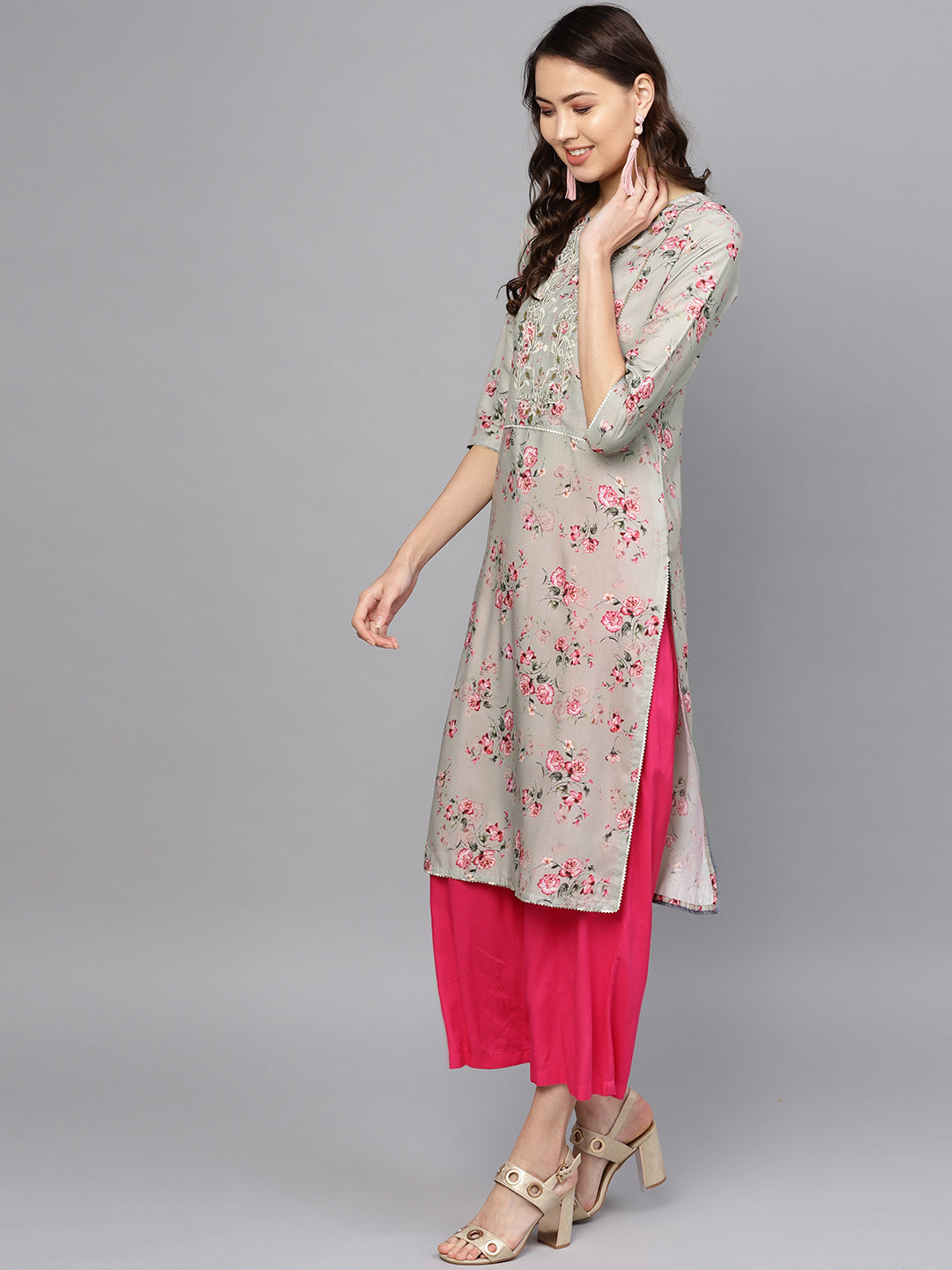 Women's  Grey Kurta With Dupatta