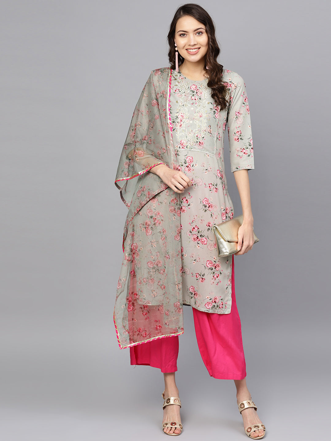 Women's  Grey Kurta With Dupatta