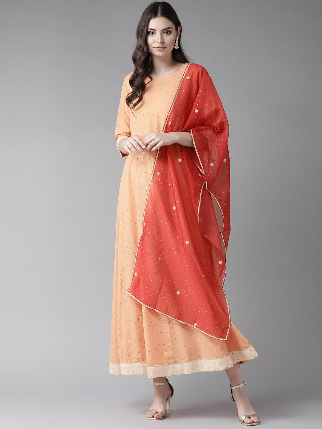 Women's S Peach Kurta With Dupatta Set