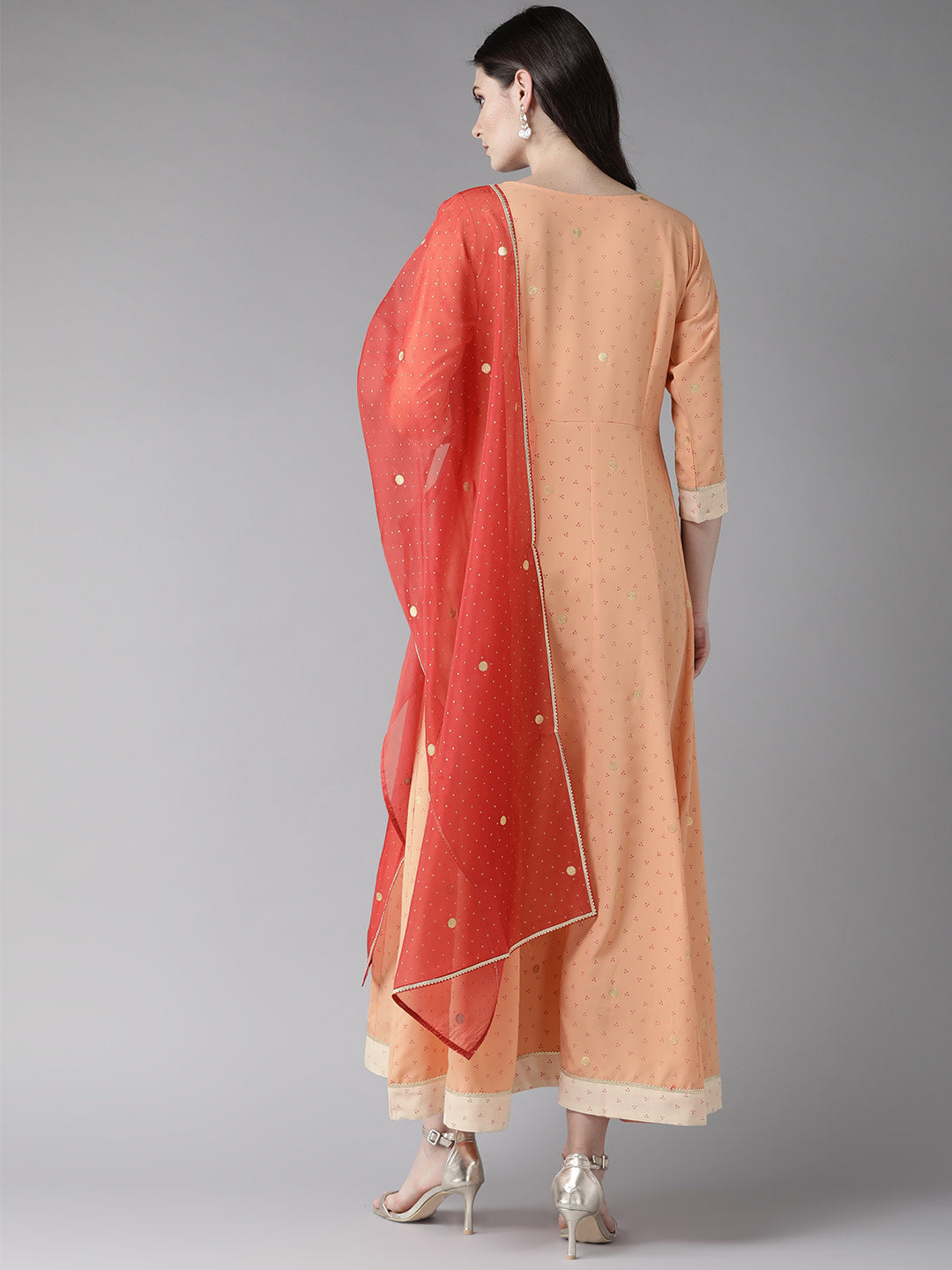 Women's S Peach Kurta With Dupatta Set