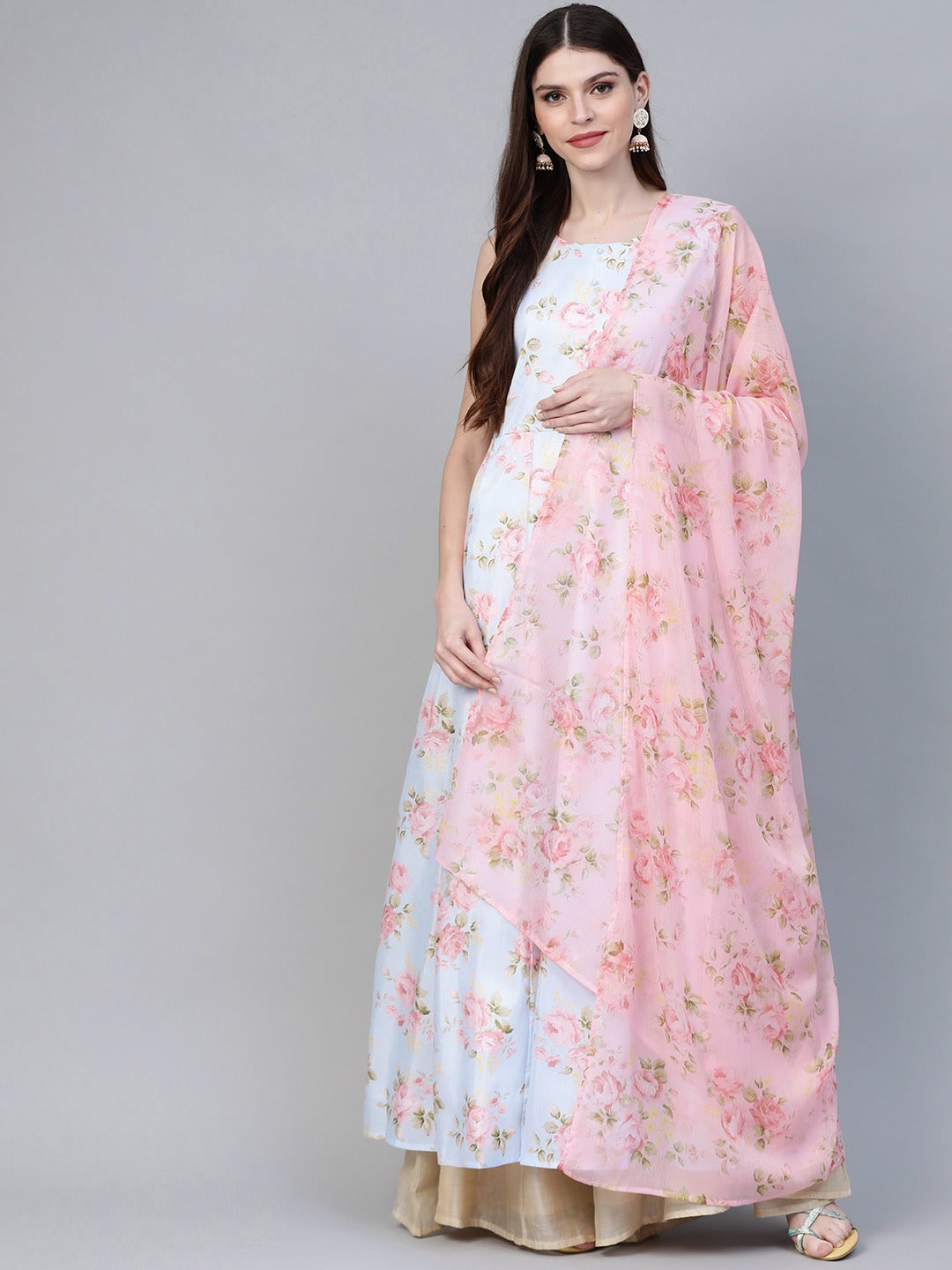 Women's  Blue & Pink Floral Printed Anarkali Kurta With Dupatta