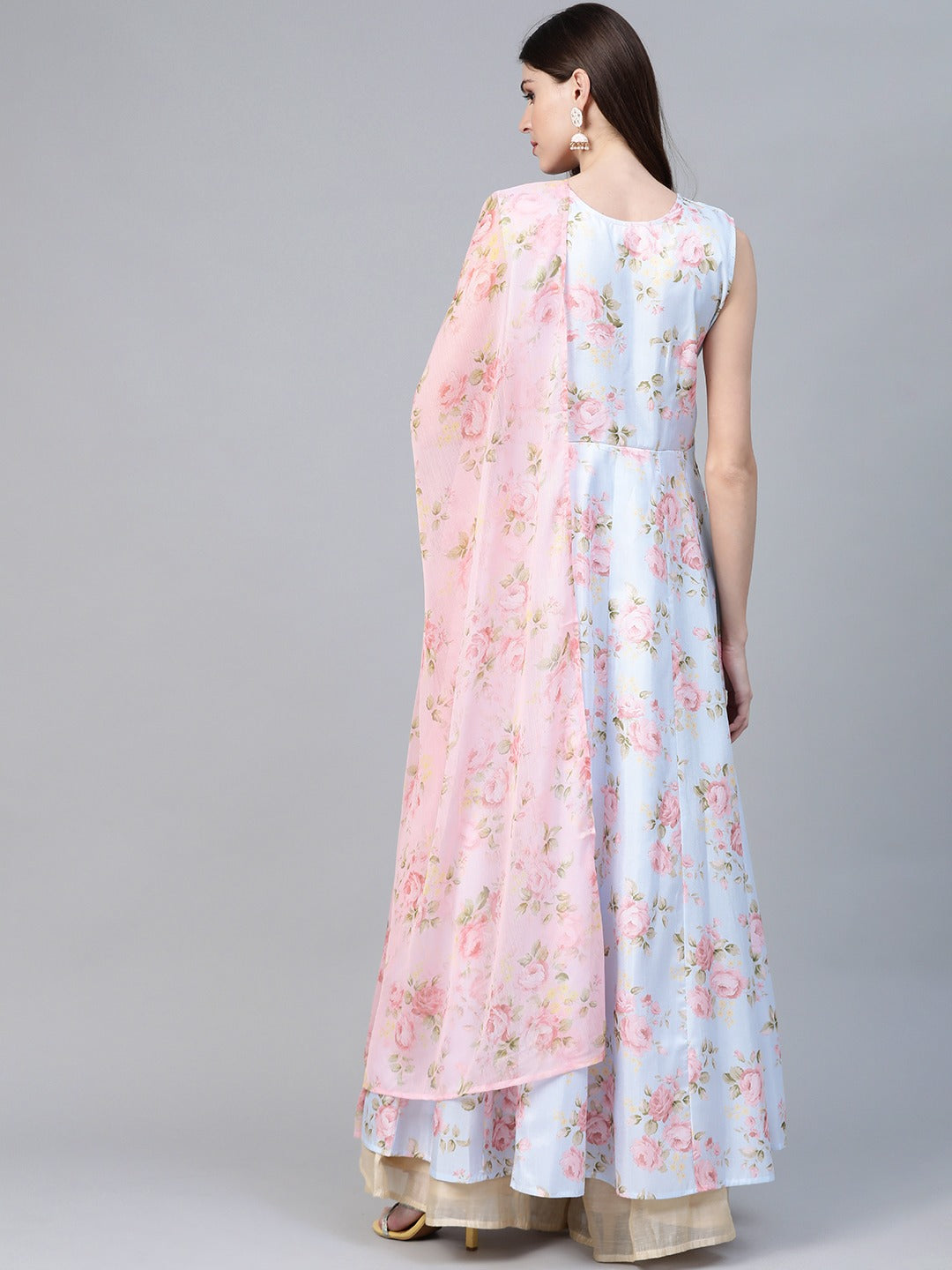 Women's  Blue & Pink Floral Printed Anarkali Kurta With Dupatta