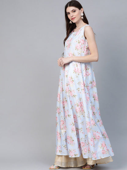 Women's  Blue & Pink Floral Printed Anarkali Kurta With Dupatta