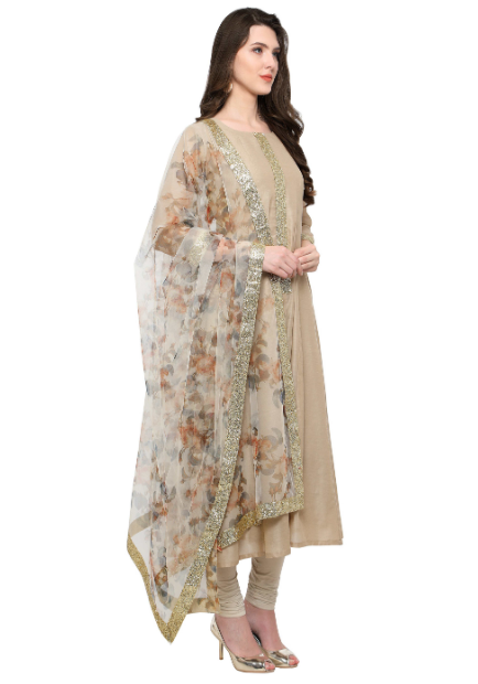 Women's Beige Anarakali Kurta With Digital Printed Net Dupatta Set
