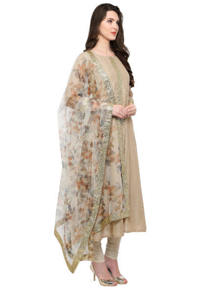 Women's Beige Anarakali Kurta With Digital Printed Net Dupatta Set