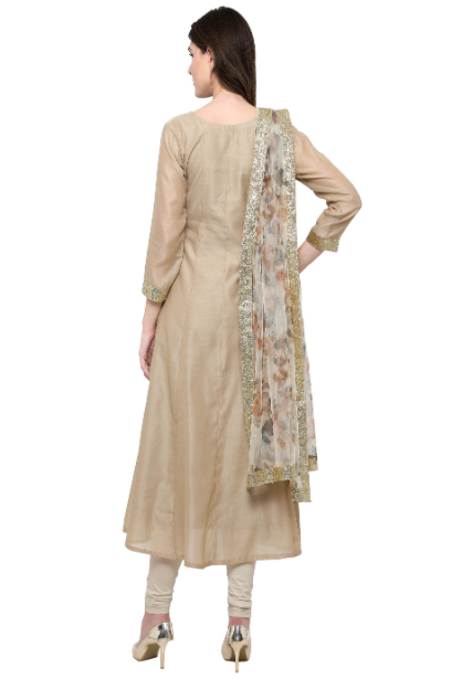 Women's Beige Anarakali Kurta With Digital Printed Net Dupatta Set