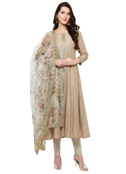 Women's Beige Anarakali Kurta With Digital Printed Net Dupatta Set