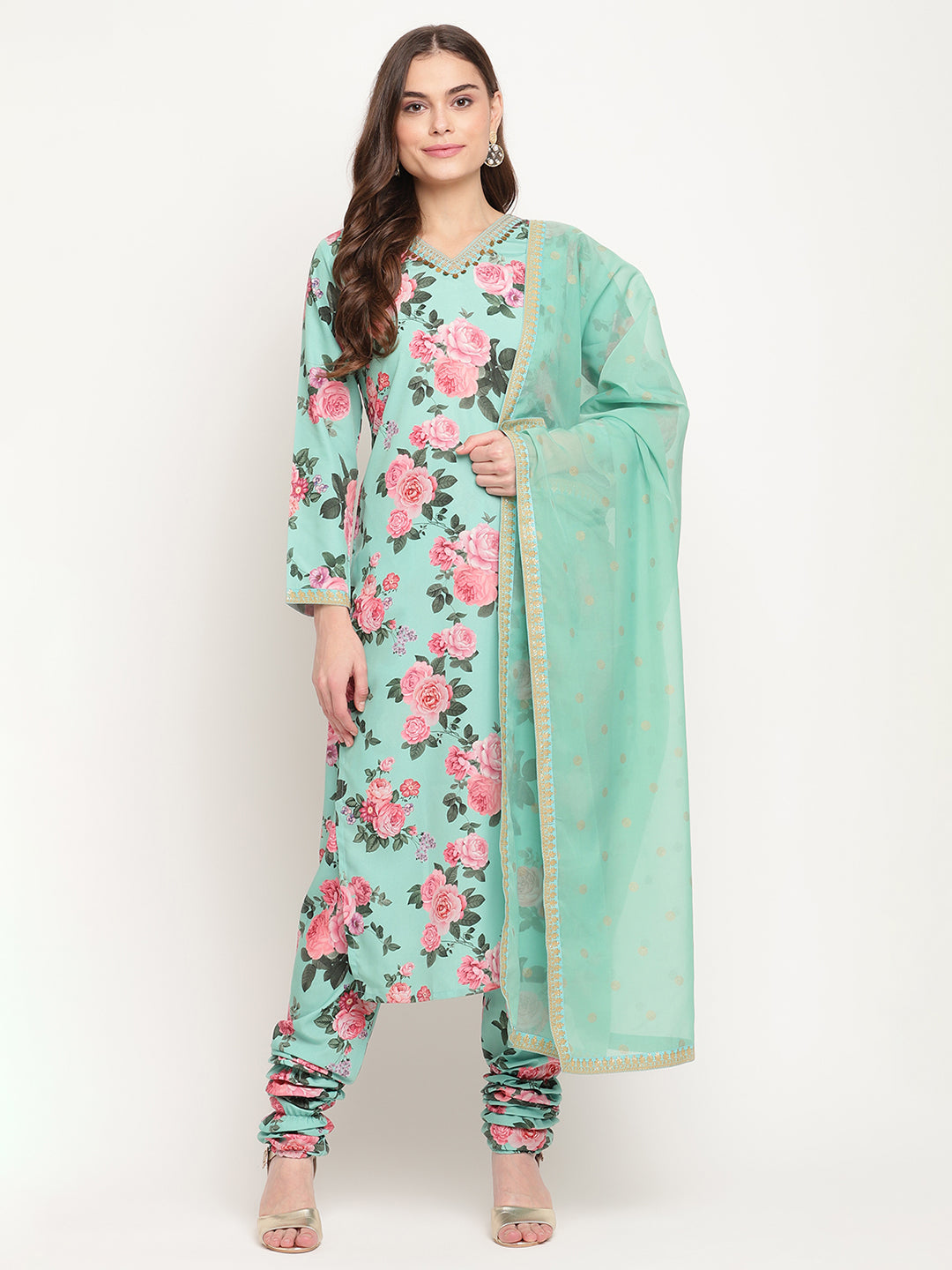 Women's Green Floral Printed Regular Kurta Churidar Set & With Dupatt