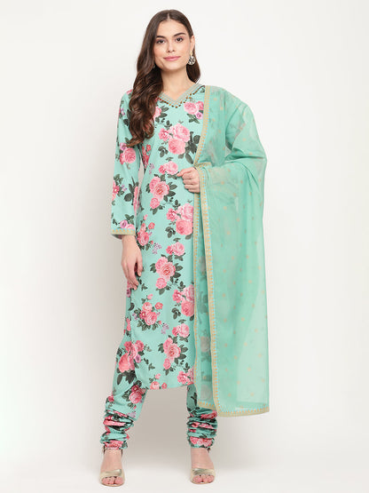 Women's Green Floral Printed Regular Kurta Churidar Set & With Dupatt